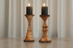 Handcrafted Solid Cherry Wood Pillar Candlestick Holders | Lighting by Holzkunst Samuel Meisinger. Item composed of wood in art deco or traditional style