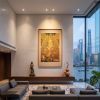 Yunjin Silk Brocade Yellow Dzambhala Thangka Art | Embroidery in Wall Hangings by Dynasty Artisan. Item composed of wood and fabric in contemporary or eclectic & maximalism style