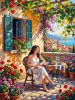 Hand-Painted Italian Riviera Sunlit Patio on Linen Art | Oil And Acrylic Painting in Paintings by Dynasty Artisan. Item made of linen works with contemporary & eclectic & maximalism style