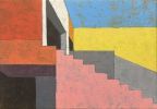Pink Stair, Blue Sky | Mixed Media in Paintings by Rich Godfrey. Item made of wood & canvas compatible with mid century modern and contemporary style