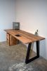 Reclaimed Wood Trapezium Leg Desk | Tables by Riz and Mica •Make• | Slice-pizzeria in Belfast. Item composed of oak wood & steel