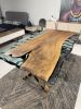Walnut Sea Green Epoxy Resin Live Edge Dining Table | Tables by Tinella Collection. Item composed of oak wood and metal in boho or minimalism style