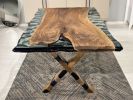 Walnut Sea Green Epoxy Resin Live Edge Dining Table | Tables by Tinella Collection. Item composed of oak wood and metal in boho or minimalism style