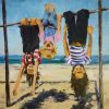 Patriot Place, Looking Out On Lafayette, Just Hangin' Around | Oil And Acrylic Painting in Paintings by Ann Gorbett Palette Knife Paintings. Item made of synthetic