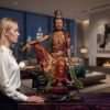 35" Premium Camphor Wood Water Moon Guanyin Zen Statue | Sculptures by Dynasty Artisan. Item composed of wood in eclectic & maximalism or asian style