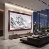 78" Hand-Painted Winter Snow Shanshui Landscape on Silk/Xuan | Oil And Acrylic Painting in Paintings by Dynasty Artisan. Item composed of wood and glass in contemporary or eclectic & maximalism style
