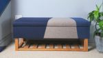 Seagram upholstered storage bench with oak shoe shelf | Ottoman in Benches & Ottomans by Sadie Dorchester. Item composed of oak wood and fabric