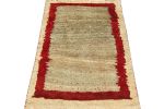 Vintage Gabbeh Tribal Rug in Beige-Brown Open Field with Red | Area Rug in Rugs by Rug and Kilim