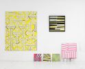 Yellow painting with graphic white arrows | Oil And Acrylic Painting in Paintings by Margaret Lanzetta. Item made of canvas & synthetic