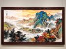 Hand-Painted Autumn Colors: Blue and Green Silk/Xuan Art | Oil And Acrylic Painting in Paintings by Dynasty Artisan. Item composed of wood and fabric in contemporary or eclectic & maximalism style