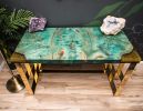 Teal Maple Burl + Gold Brass Executive Lux Desk 24x50 | Tables by Lumberlust Designs | Arcadia in Phoenix. Item made of wood