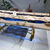 Mappa Burl Table - Blue Epoxy River Dining Table | Tables by Tinella Collection. Item made of wood with synthetic works with contemporary & eclectic & maximalism style