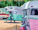 Retro Resort | Oil And Acrylic Painting in Paintings by Catherine Twomey | The Gallery at Flat Rock in Flat Rock. Item composed of wood & canvas compatible with contemporary and art deco style