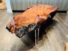 Curly Redwood Burl Coffee Table with Acrylic Legs | Tables by DapperwoodSF. Item made of wood with synthetic works with mid century modern & contemporary style