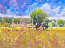Transcendent Springtime, semi-abstract landscape with hare | Oil And Acrylic Painting in Paintings by Gill Bustamante. Item made of canvas works with boho & contemporary style